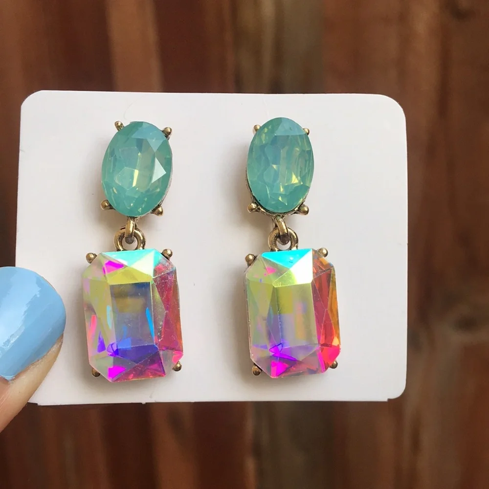 Pacific Green Opal + Aurora Borealis Iridescent Crystal Drop Earrings